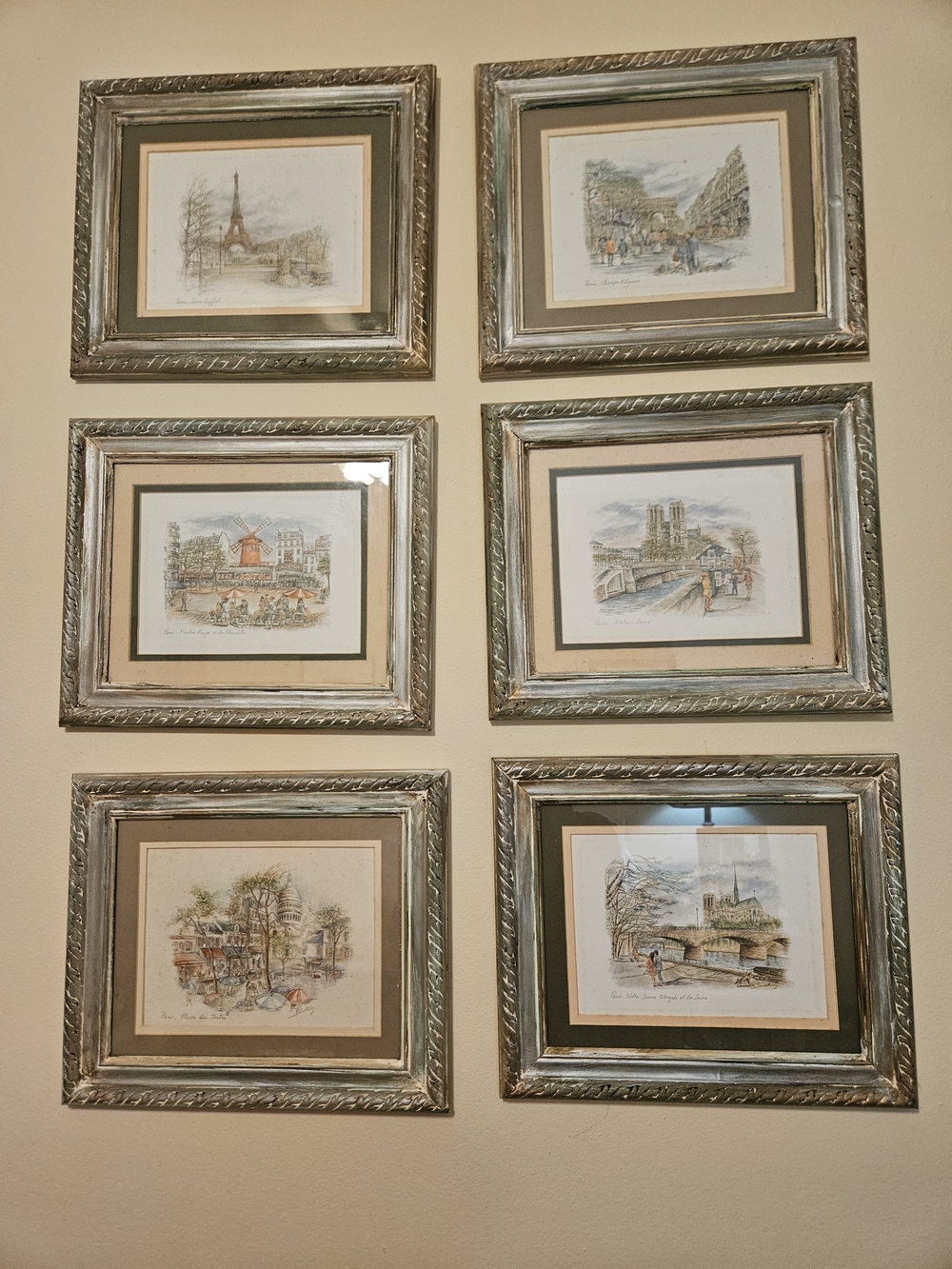 Set of 6 Framed Parisian Art Prints in Silver & Beige